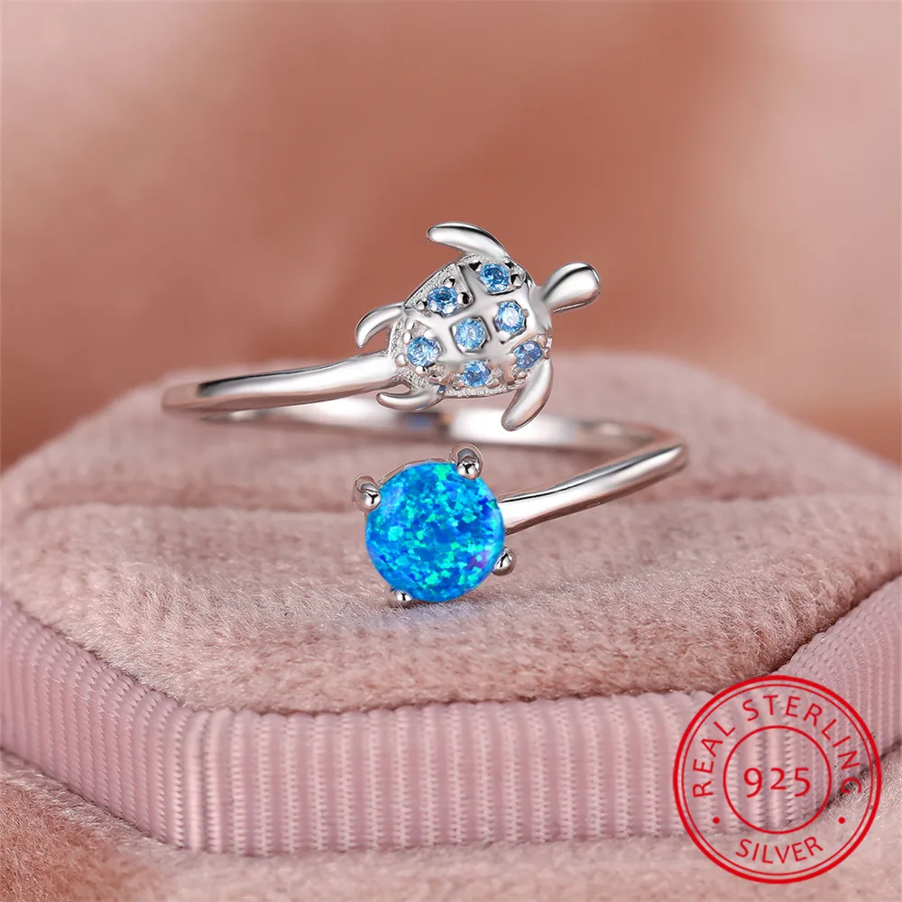 

Blue Opal Stone Sea Turtle Ring Real 925 Sterling Silver Engagement Rings For Women Wedding Band Animal Jewelry