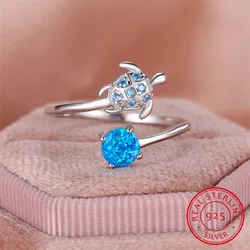 Blue Opal Stone Sea Turtle Ring Real 925 Sterling Silver Engagement Rings For Women Wedding Band Animal Jewelry