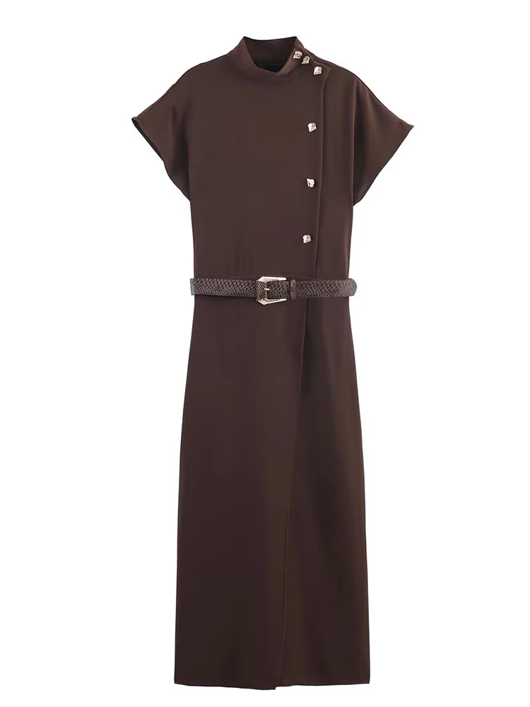 Robe asymétrique à manches longues pour femmes, décoration de boutons en métal avec ceinture, à la mode, robe de soirée élégante, nouvelle collection automne 2025