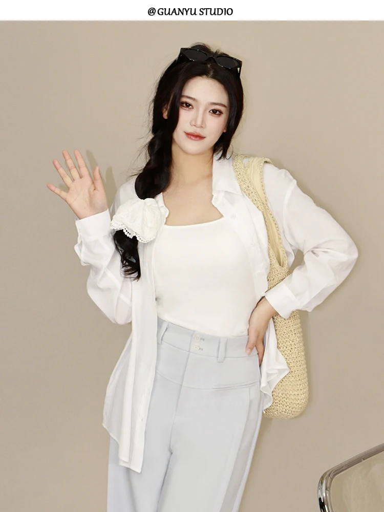 

Slimming plus Size Women's Shirt Hidden Meat Simple High-End Feeling Small Shirt Versatile Top for Plump Girls Breathable Lon...