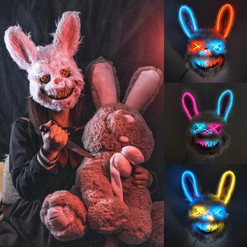 

Glowing Neon Horror Bunny Mask Light up Luminous Rabbit Mask With Blood Cosplay Scary Disguise Mask For Men Women Supplies