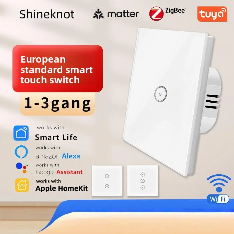 

Matter Wifi European Standard Smart Touch Switch Tuya App Remote Control With Timing Function Blue Indicator Light Ac110-240v