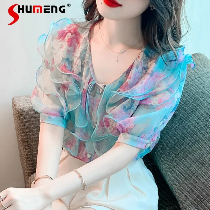 

Elegant Ruffled Short Sleeves Chiffon Shirt Women's 2023 Summer New Design Sense Niche French Single Breasted Floral Top