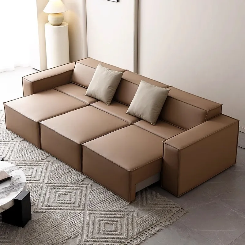 ur- Italian Electric Retractable Three-Person Small Apartment Sofa Tofu Block Silicone Leather with Sponge Filling-