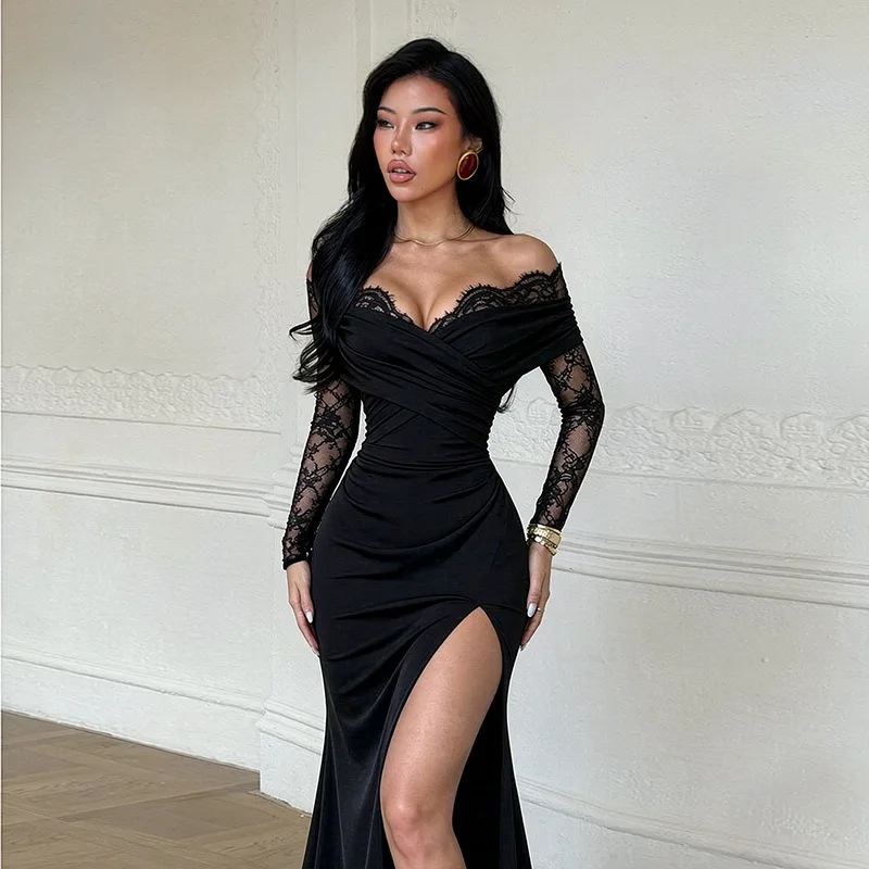 Zm26503 Pure Desire Lace Patchwork Ruffled One-shoulder. Dress, Women's Autumn/winter New Slim-fit Long-sleeve Clothes Clothing