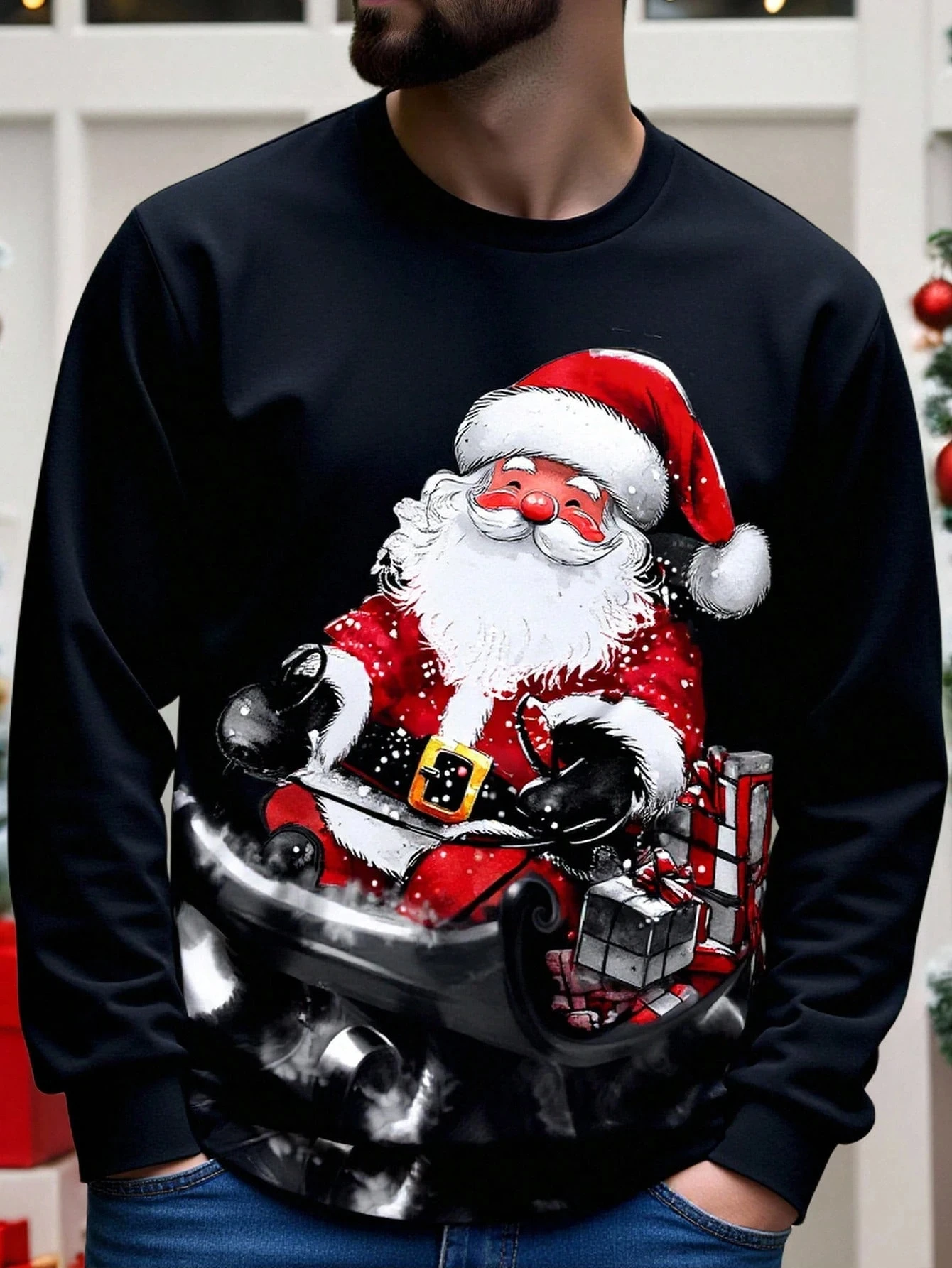 Men's crew neck pullover sweatshirt, Santa Claus gradient sweatshirt, unisex 3D printed cartoon pattern pullover.