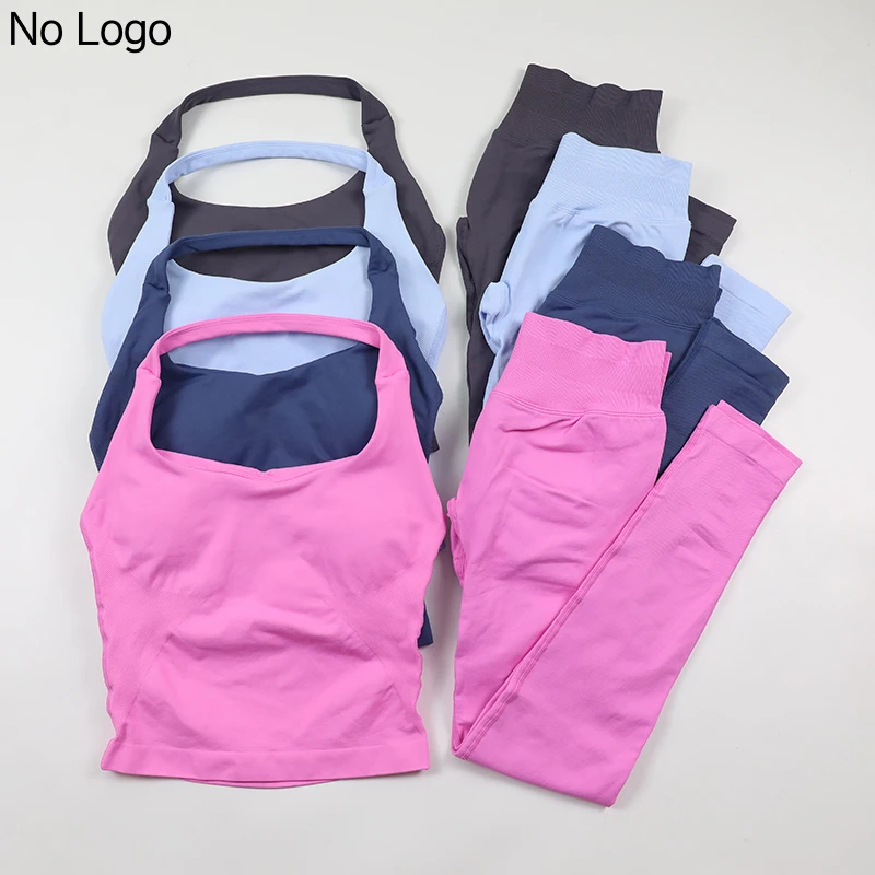 Seamless Gym Set Women Workout Clothes Low Waist Scrunch Yoga Leggings Sets Padded Halter Tank Top 2 Piece Sports Suits
