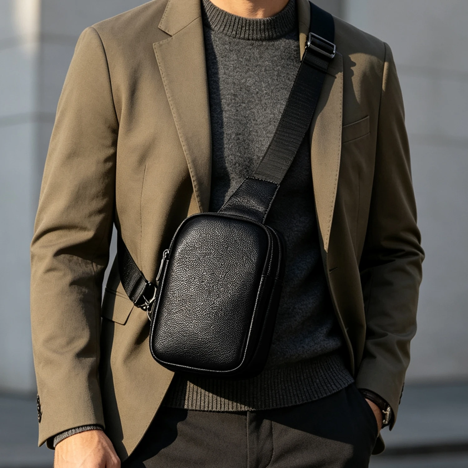 Men's Crossbody Chest Bag, Large Capacity Double Zipper Sling Shoulder Bag with Hidden Pocket and Adjustable Strap