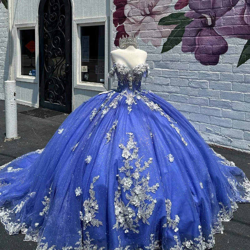 

Royal Blue Off The Shoulder Quinceanera Dress 2024 Princess Party Gown Beaded Appliques Lace Tull Corset Sweet 16 Vestido De 15