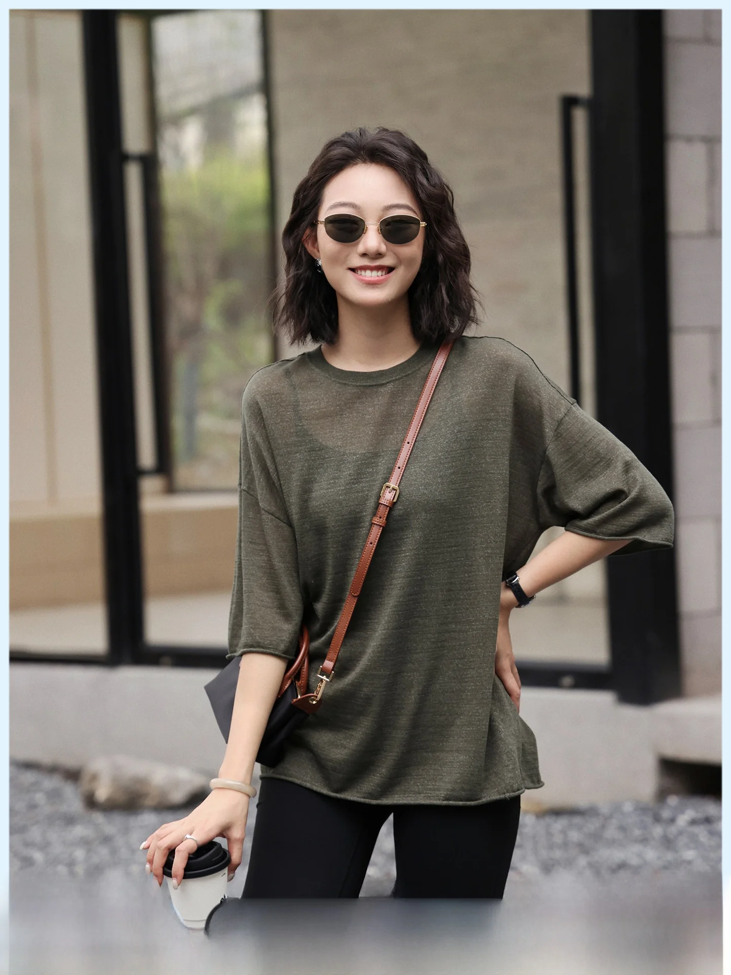 

Linen Short Sleeve Knitted T-Shirt Loose Fit Summer New Style Casual Thin Half Sleeve Women's Top round Neck Basic Color