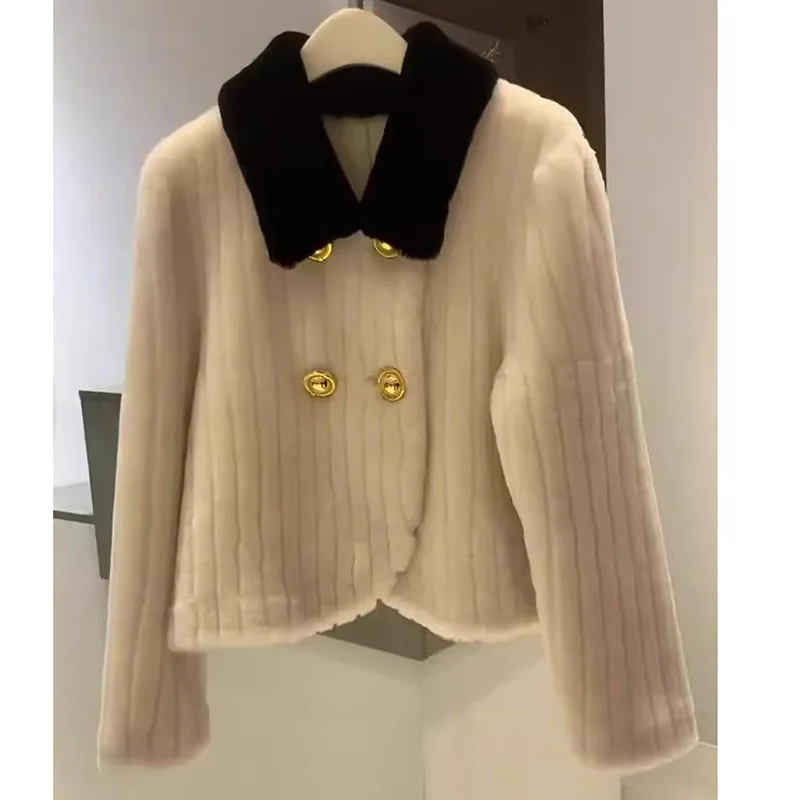 Chaqueta de Cachemira de cordero corta para mujer, abrigo de piel, fragancia francesa pequeña, sensación de alta gama, cuello de solapa grueso y