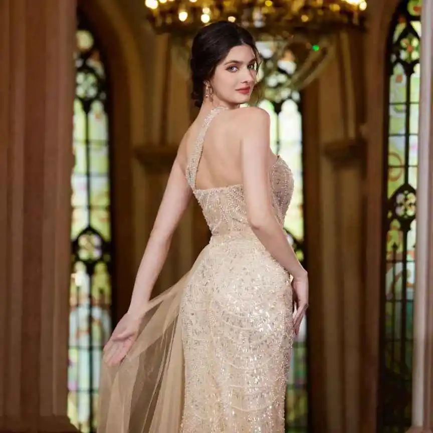 فستان سهرة فاخر على شكل حرف a ترتر لامع بكتف واحد بطول الأرض فستان محكمة مقاس كبير فيستدو دي نويت مخصص