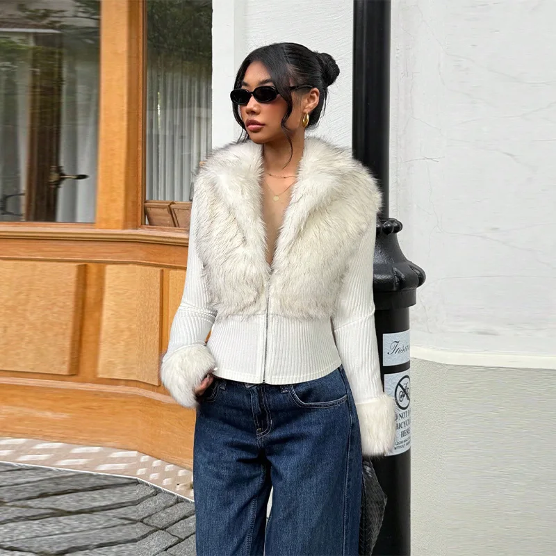 

Элегантный вязаный кардиган из искусственного меха в стиле пэчворк, универсальный облегающий модный женский короткий топ, модный мягкий уютный женский уличный костюм в стиле ретро