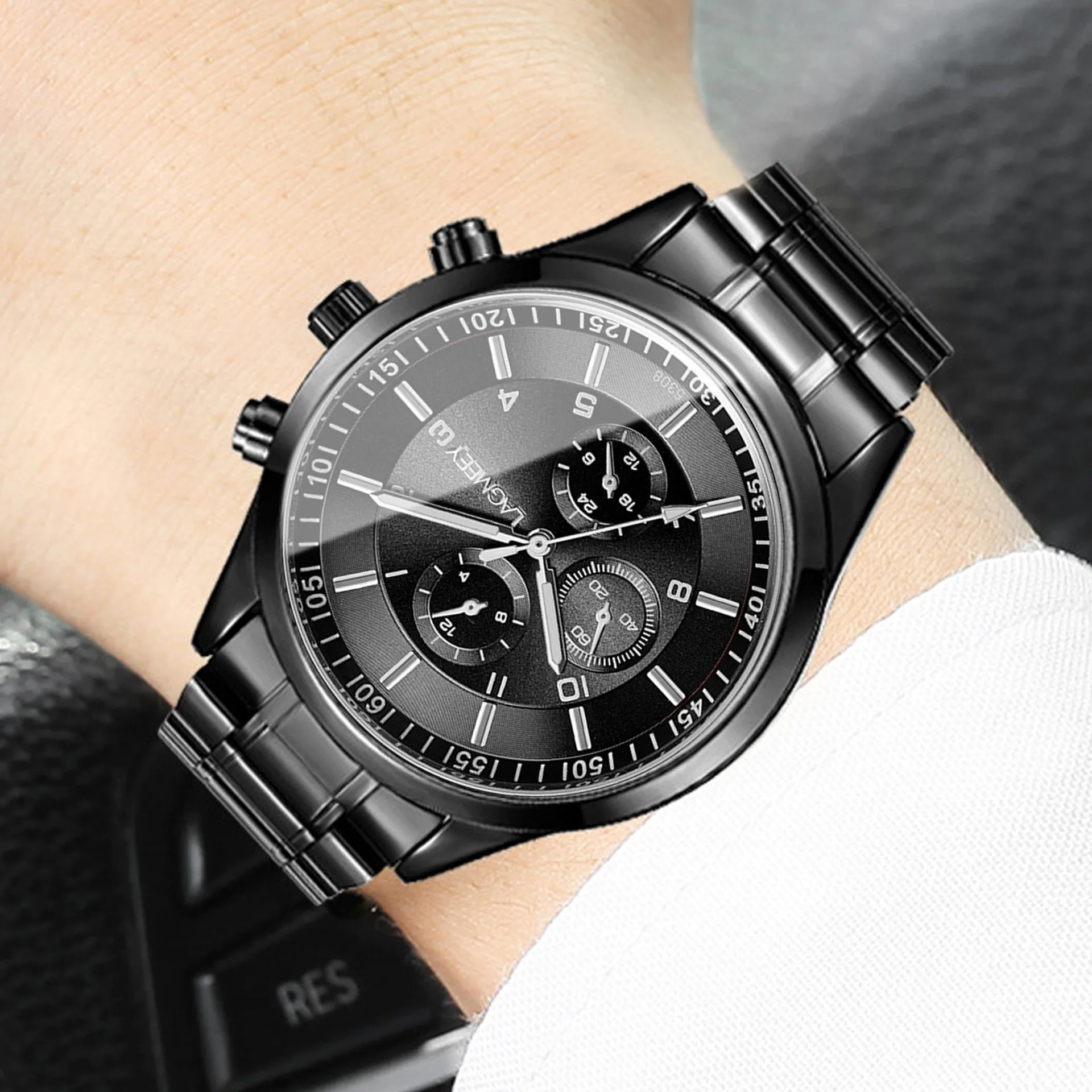 AL-148 النسخة الكورية طالب الرجال الذهب الأسود سوار فولاذي الرياضة مضيئة مقاوم للماء ثلاثة عيون تقليد ستة اليد ساعة سوداء