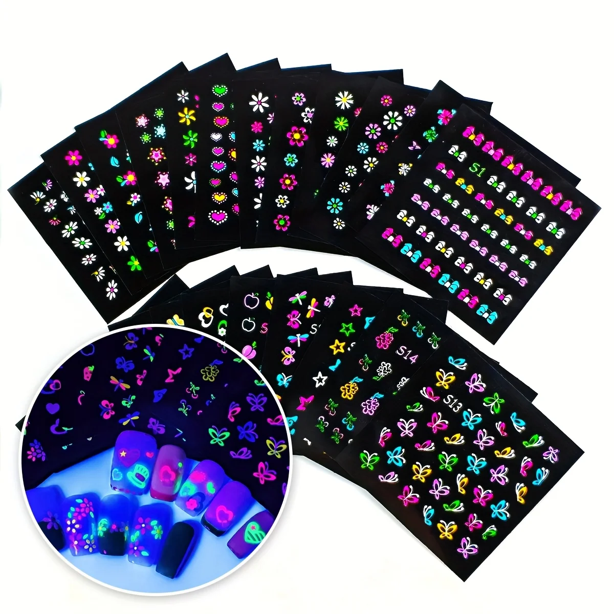 24 Stück leuchtende Nagelaufkleber, selbstklebend, glitzernd, im Dunkeln leuchtende Schmetterlinge, Sterne, Abziehbilder für DIY-Nagelkunst, Fußpflege, Party