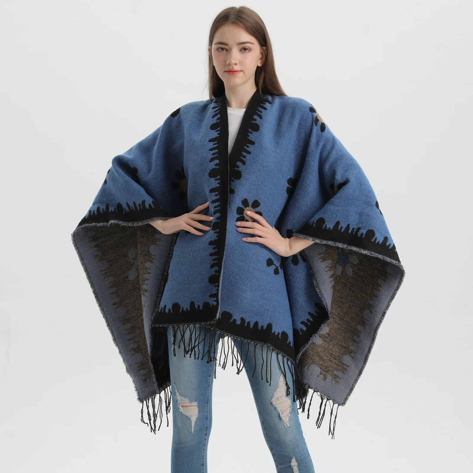 Imitation Cashmere Poncho Fashionable Autumn Winter Shawl New Small Fresh Flower Cardigan With Tassel Split Warmth Cape Cloak