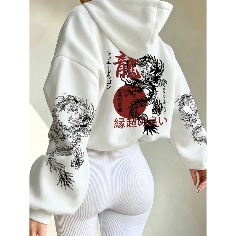 Orientalischer Drachen-Hoodie, japanische Ästhetik, grafisches Design an den Ärmeln, Unisex, Harajuku-Streetwear, Pullover mit Kapuze, Sweatshirt für Männer und Frauen. – Detail 4