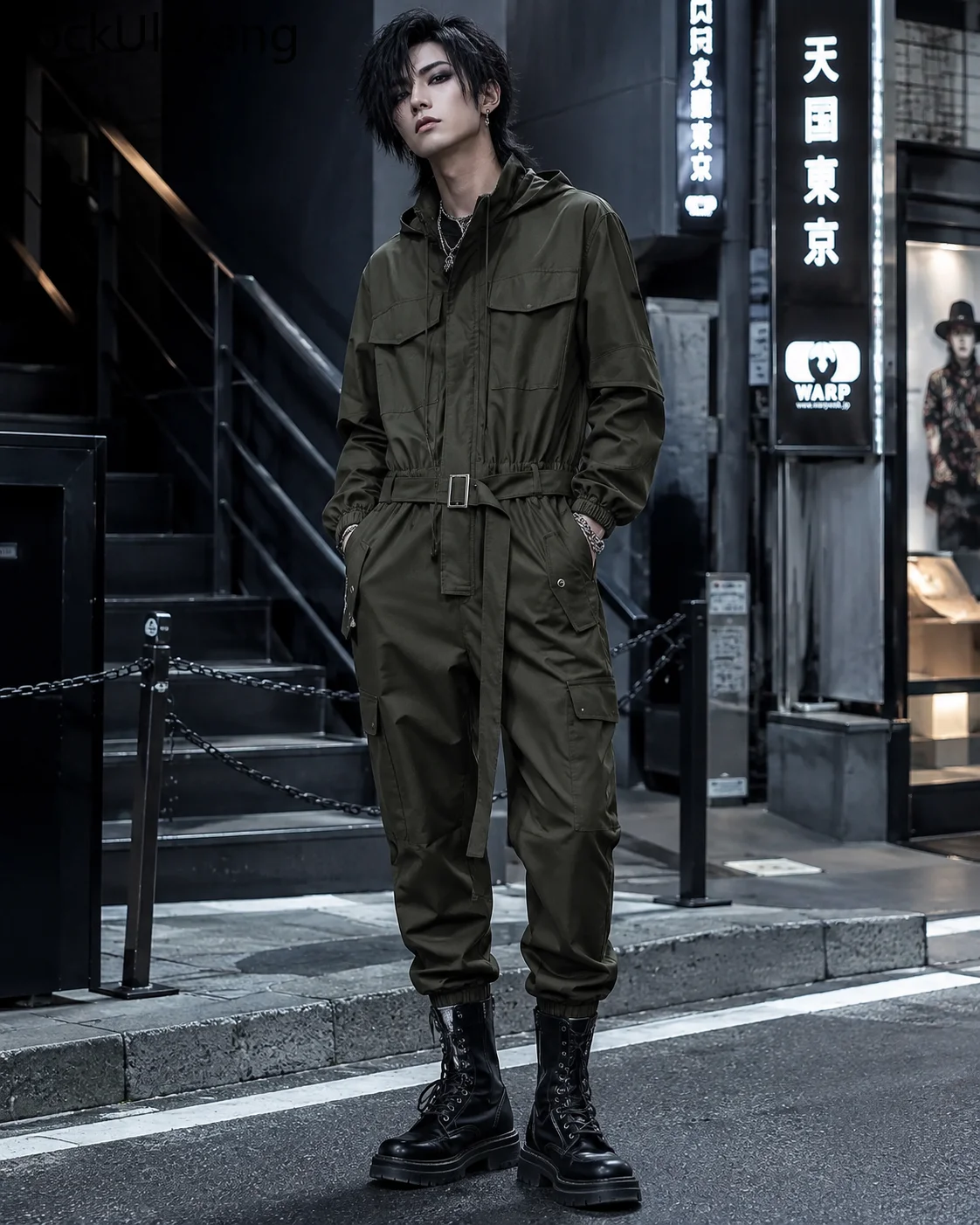 Men's Gothic Hooded Cargo Jumpsuit Dark Green Belted Utility Coveralls Japanese Harajuku Techwear Streetwear Outfit tracksuit