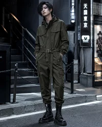 Men's Gothic Hooded Cargo Jumpsuit Dark Green Belted Utility Coveralls Japanese Harajuku Techwear Streetwear Outfit tracksuit