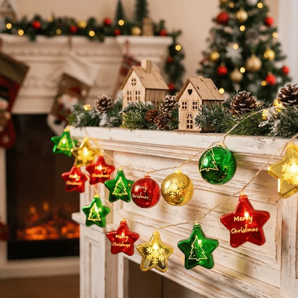 Atmosphere Electroplated Christmas String Lights Warm White Star Shaped Hanging Lights Round Ball LED Fairy Lights Xmas Tree