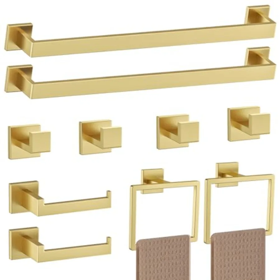 

Brushed Gold Towel Bar Set Towel Holder Set10-Piece Gold Bathroom Hardware Accessories Set Stainless Steel Towel Rack Set for B