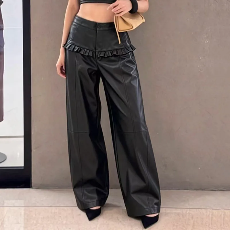 women's pants New high waisted slim fit straight leg pants for autumn 2026 100% sheepskin patchwork wide leg pants y2k trousers