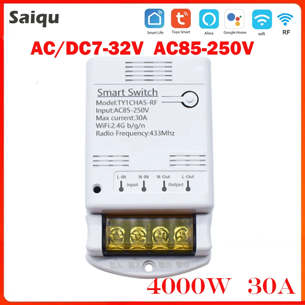 Tuya Smart Switch 1CH Relay 4000W RF AC/DC7-32V DC85-250V Smart Life APP Garage Gate Remote Control Work With Alexa Google Home