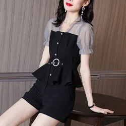 2023 New Net Little Short Sleeve Shorts Two Piece Set Summer Blusas Clothes for Women Shirts Blouse