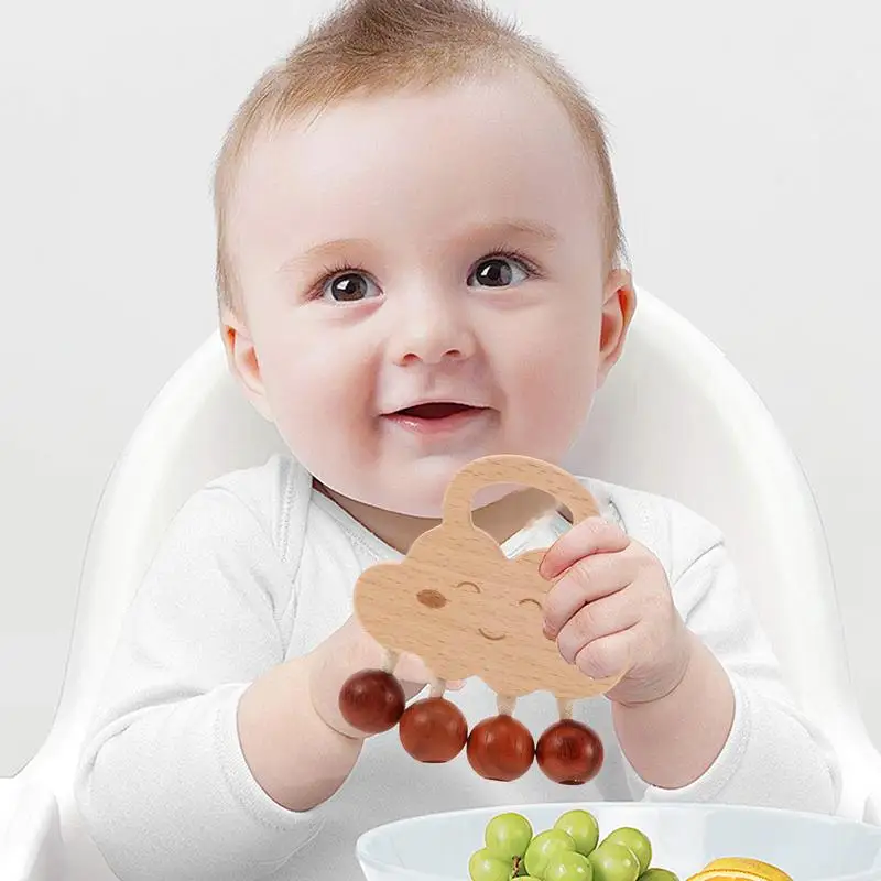 Sonajero de mano con diseño de nube para niños, juguete mordedor de madera, sin pintura, de 0 a 3 meses