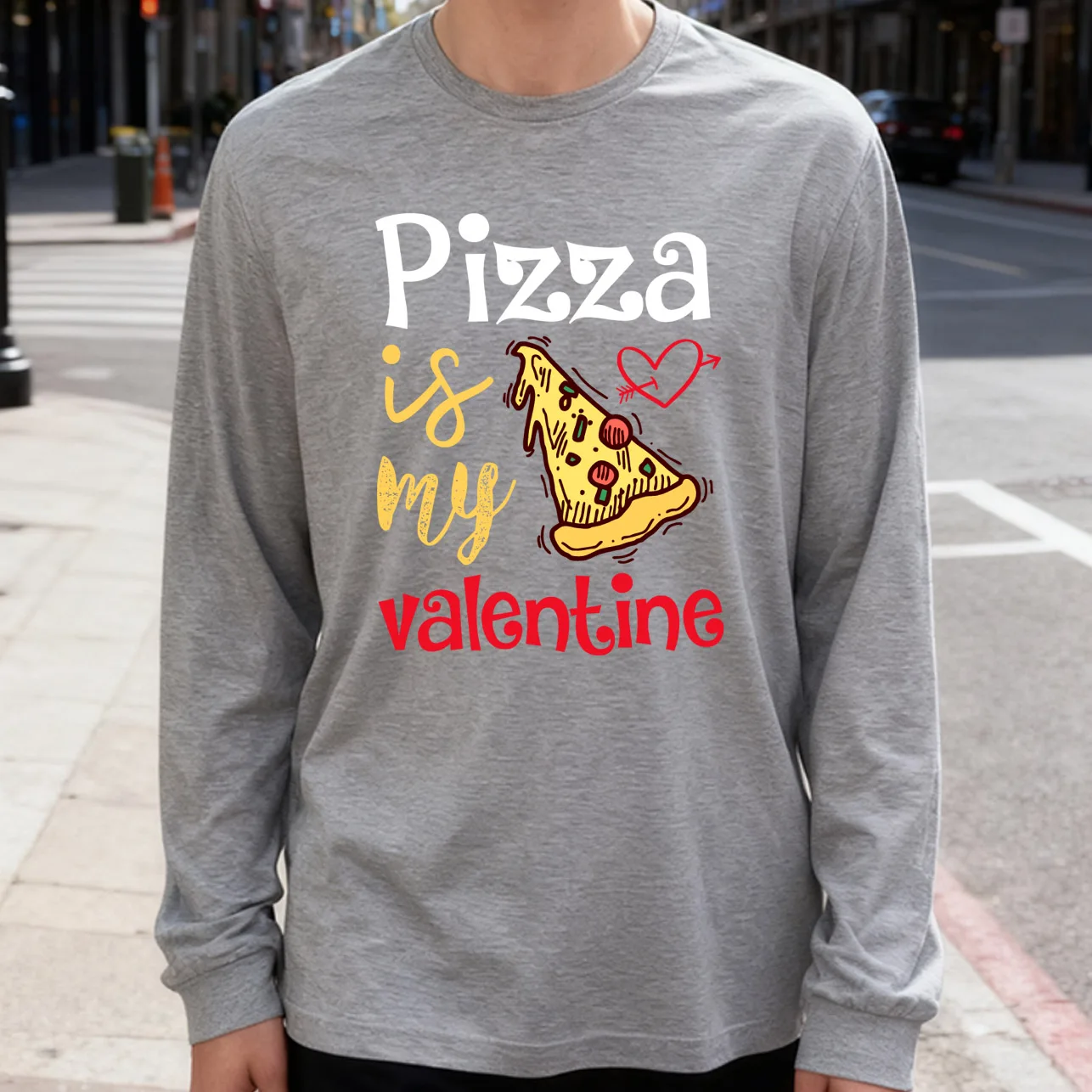 My Favorite Pizza Men's Long Sleeve Tee 100% Cotton 180g Crew Neck Casual Daily Style Soft and Breathable