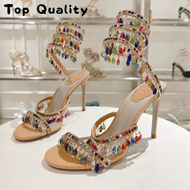 

2024 Women's Crystal Pendant Snake Rope Ankle Strap Party Shoes Summer Gladiator Sandals Women's