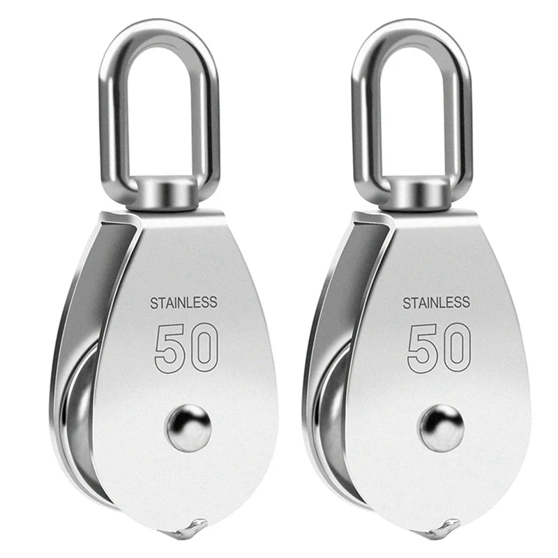 M50 Single Pulley Snatch Block Lifting Crane Heavy Duty Swivel Hook 304 Stainless Steel, 3/8In Rope, 800 Lbs Load (2PCS)