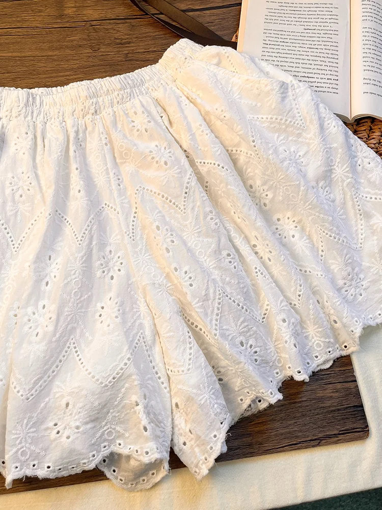 Ele Ricamato Scava fuori Pantaloni casual a gamba larga da donna Estate Elastico in vita Doppio strato Abbigliamento interno A-Line Hot...