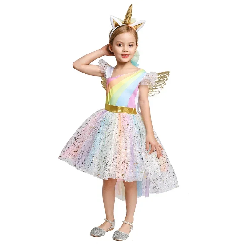 SN88 Cosplay For 3-10 Years Girls Unicorn Dress Rainbow Ball Gown Baby Princess Birthday Dresses Party Halloween Costume ne*#2@5