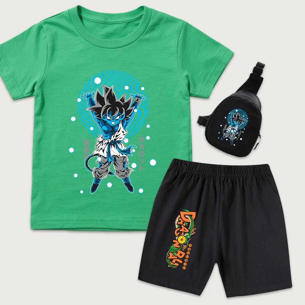 Kids DBZ Goku Anime Print Cotton T Shirt Shorts Casual Summer Set Mini Chest Bag 3Pcs for Boys and Girls