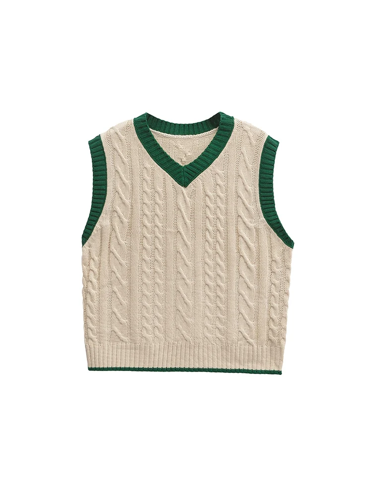 

2024 Autumn and Winter New Arrivals Women's Wear Cable Pattern Contrast Color V-Neck Sleeveless Knitted Vest