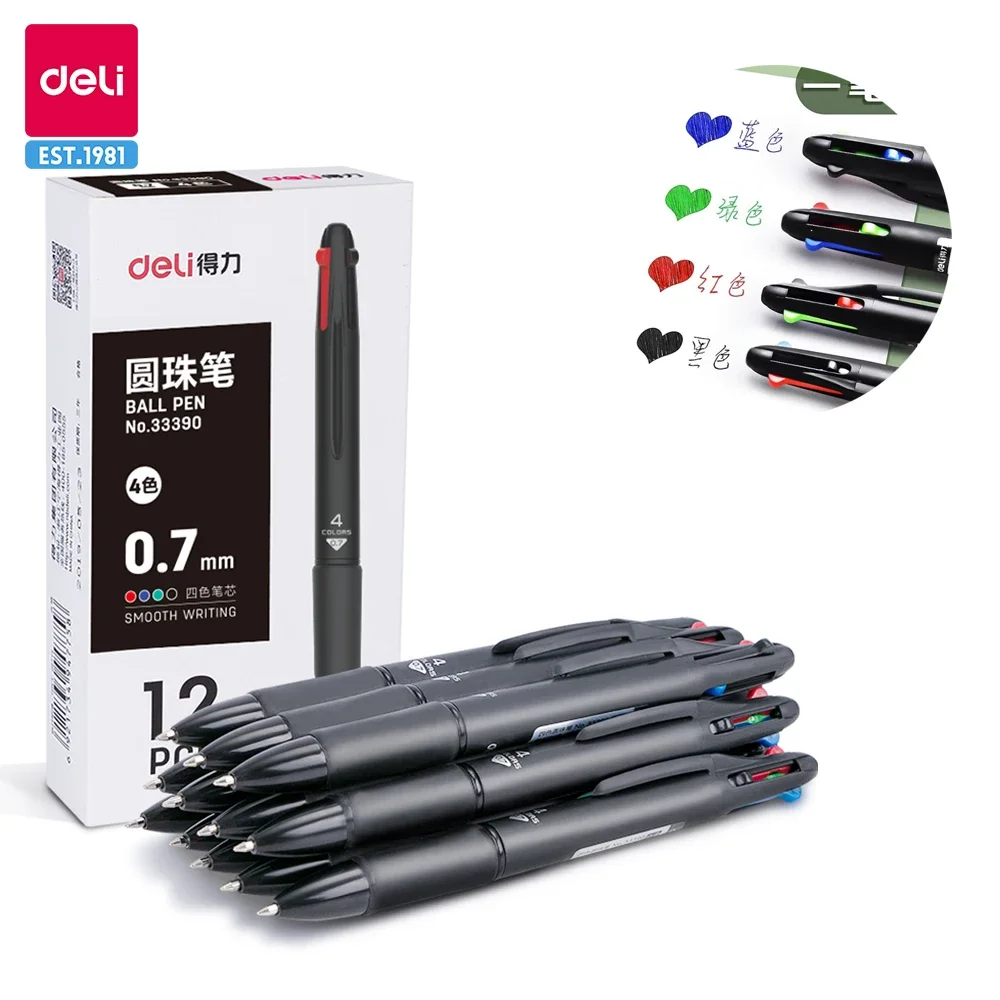 DELI Color Ballpoint Pen 12PCS/Lot Blue Black Red Green 4 In 1 Colorful Ball Pens 0.7mm Ink Refill School Office Stationery