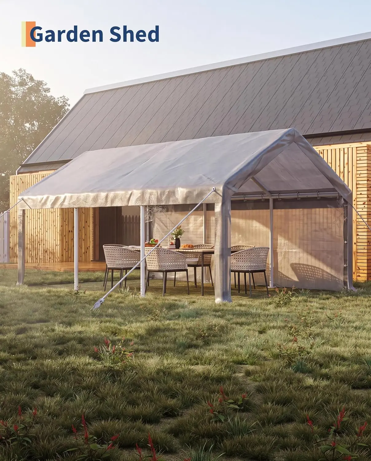 Car Port with 200g PE Tarp / Roll-Up Doors / 4 Windows / for Full-Size Pickups, Bass Boats, Tractors, and SUVs