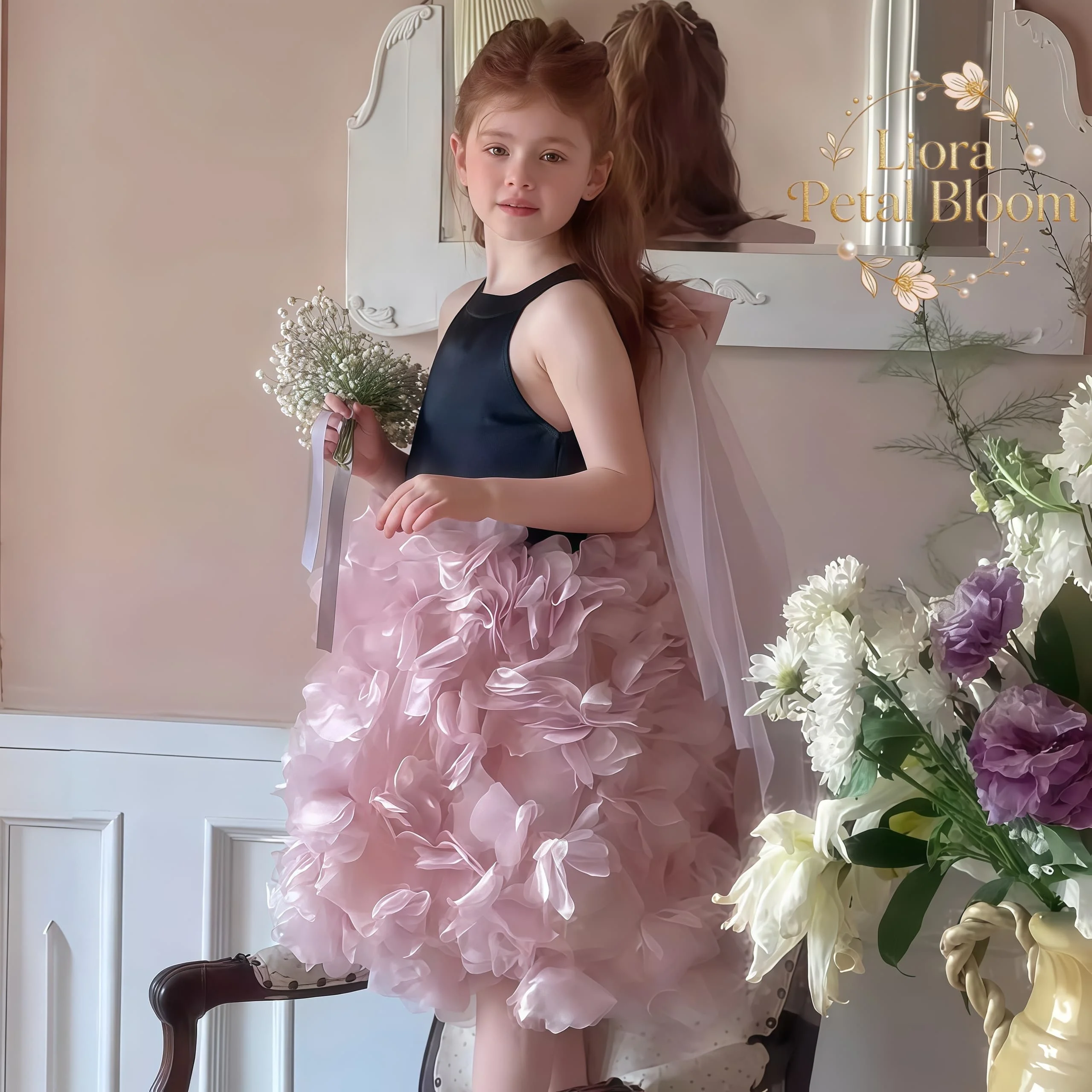 Girls' Black Floral Tulle Dress Girls' Formal Wear Long Flower Girl Dress Flower Girl Attire Flower Girl Gown - view 3