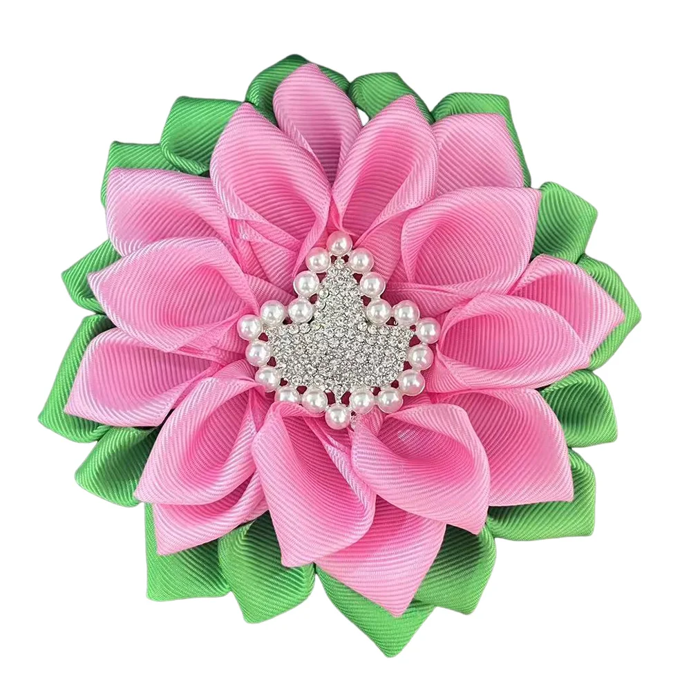 Injribbon-Broche Fleur Rose et Verte pour Fille, Perle, Pierre de Kirchin, IVY