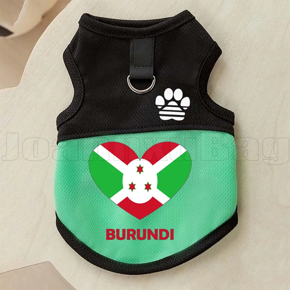 Burundi Herz-Flagge Haustierkleidung Geschirrhemd mit Leine und D-Ring, atmungsaktive, niedliche Netzwesten für Welpen und Kätzchen, Hunde und Katzen für den Außenbereich