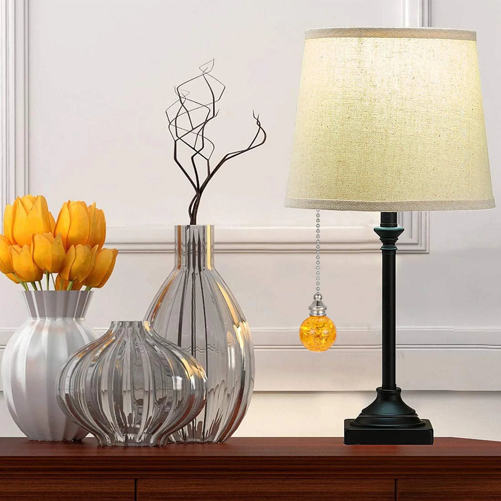 2Pcs 30Mm Crystal Crackle Ball Fan Light Pull Chain Decorative Hanging Lamp Pendant Ceiling Fan Light Chain Home Chandeliers