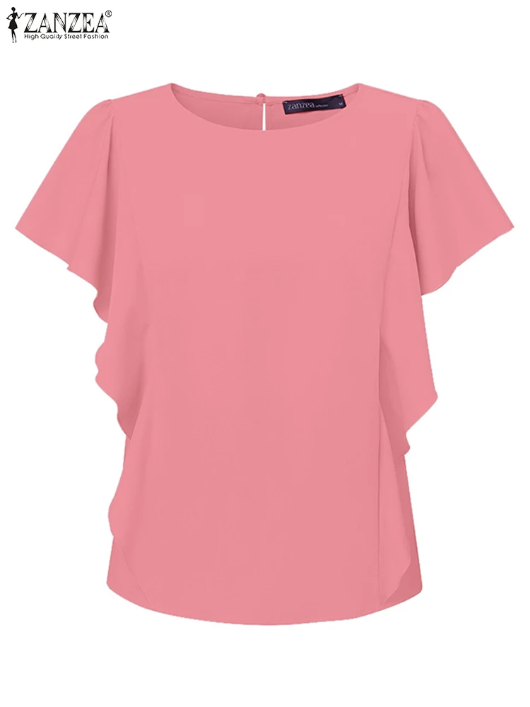 

Элегантная женская рабочая блузка с коротким рукавом OL, 2025 ZANZEA, летняя офисная рубашка, модные однотонные топы с круглым вырезом, блузки, туника, сорочка с оборками