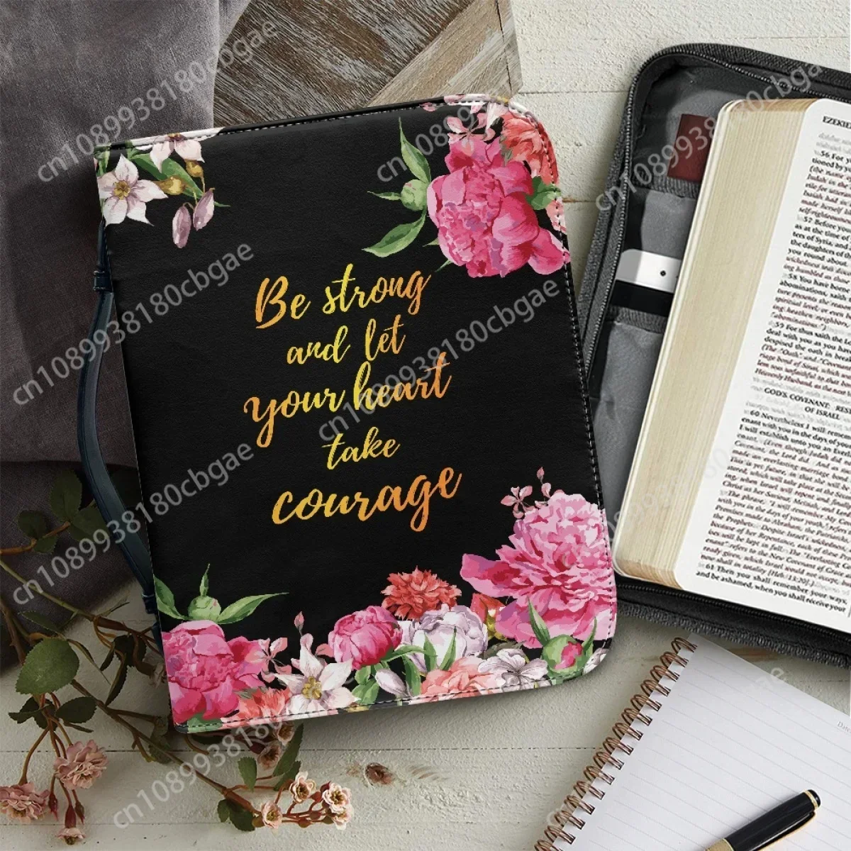 

Pretty Floral Bible Verse Print Women's Christian Bags Be Strong and Let Your Heart Take Courage Words Bible Carrying Bags 2023