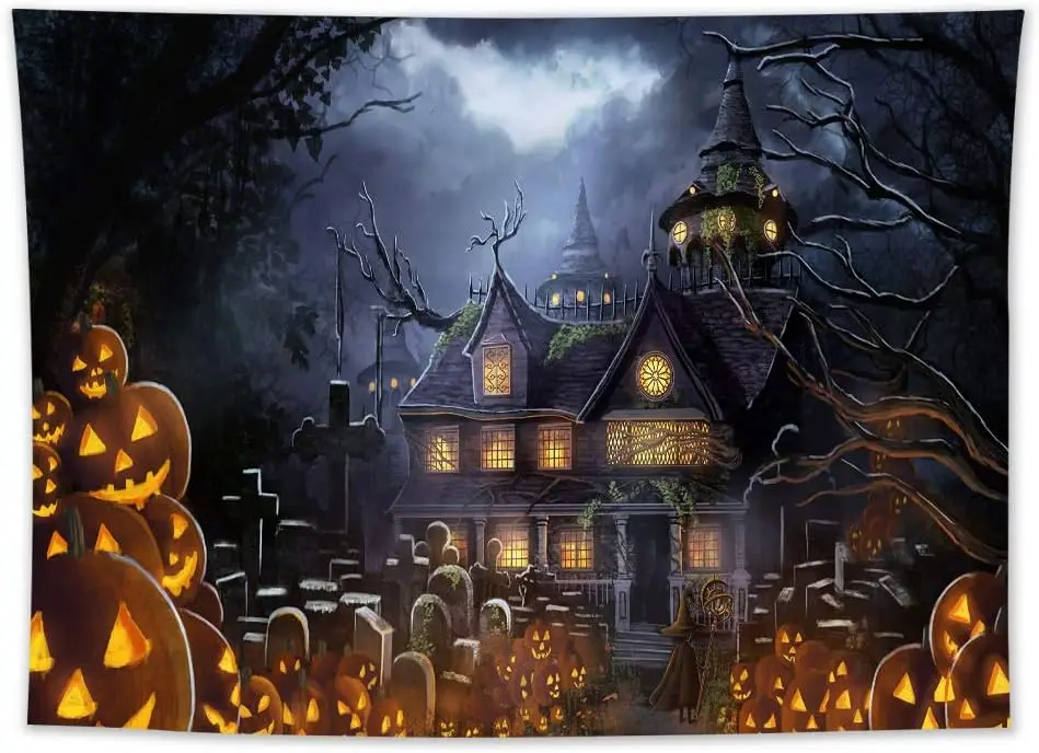 

LB Halloween Tapestry Haunted Castle Tapestry Wall Hanging Creepy Graveyard Woods Moon Night Pumpkin Jack-O-Lantern Wall Decor W