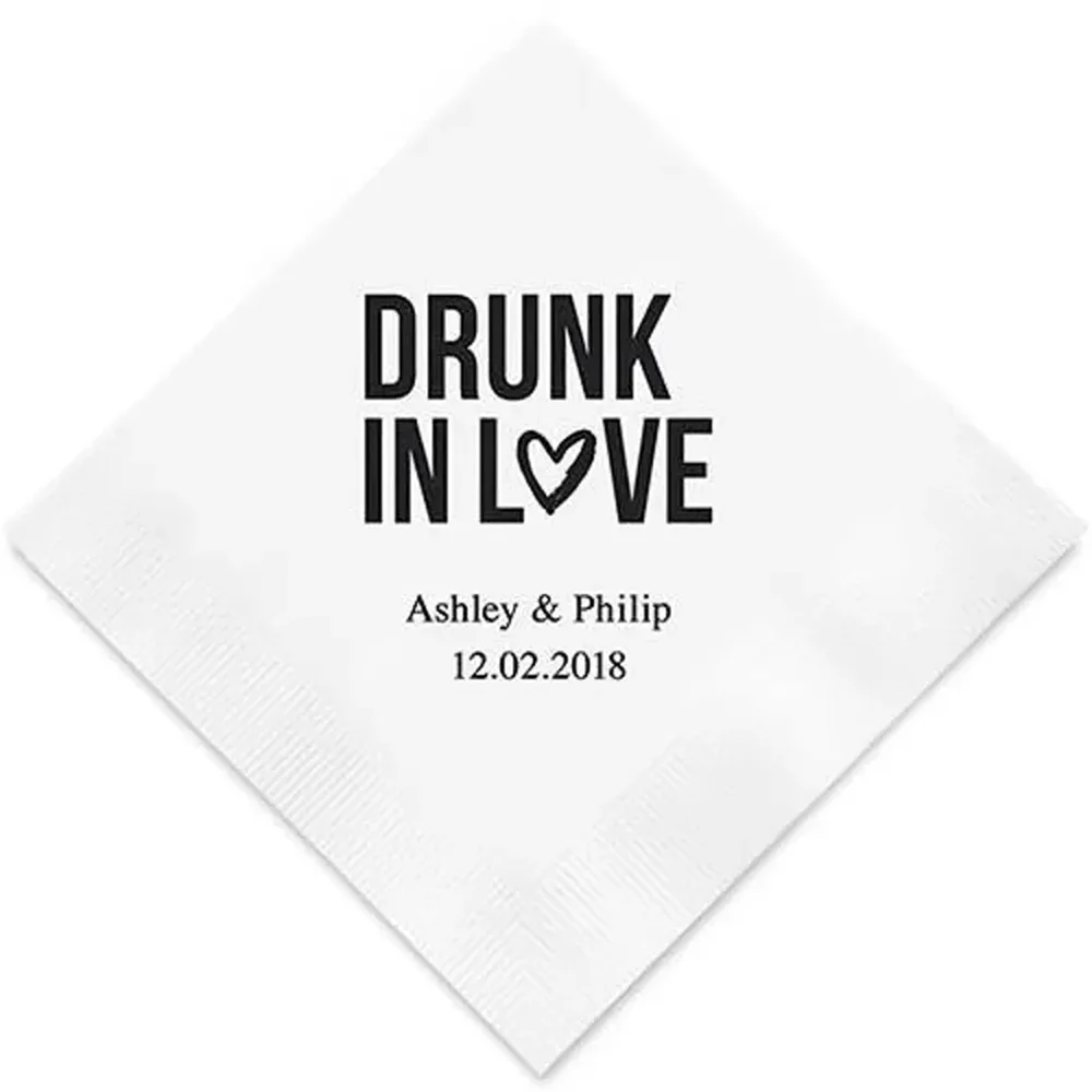 50PCS Drunk In Love Personalized Printed Wedding Napkins - 3 Sizes / Multiple Colors