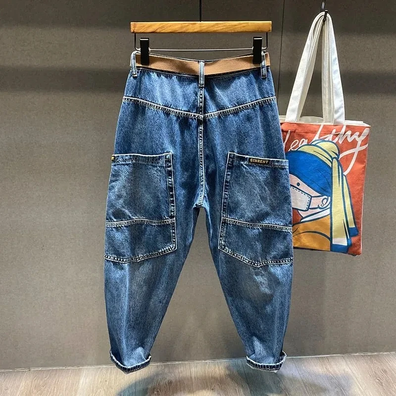 Male Clothes Spring Summer Vintage Blue Harem Jeans with Belt Men's New Button High Waist Slim Pencil Trousers Washed Pants MEN