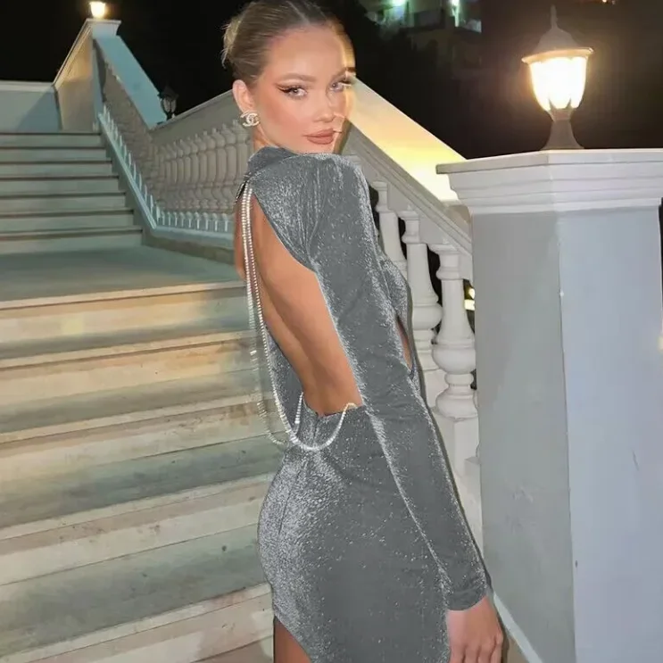 Luksusowa damska suknia wieczorowa Letnia jedwabna lekka seksowna sukienka bez pleców z okrągłym dekoltem i długim rękawem Seksowna sukienka bez pleców Bodycon Krótka sukienka