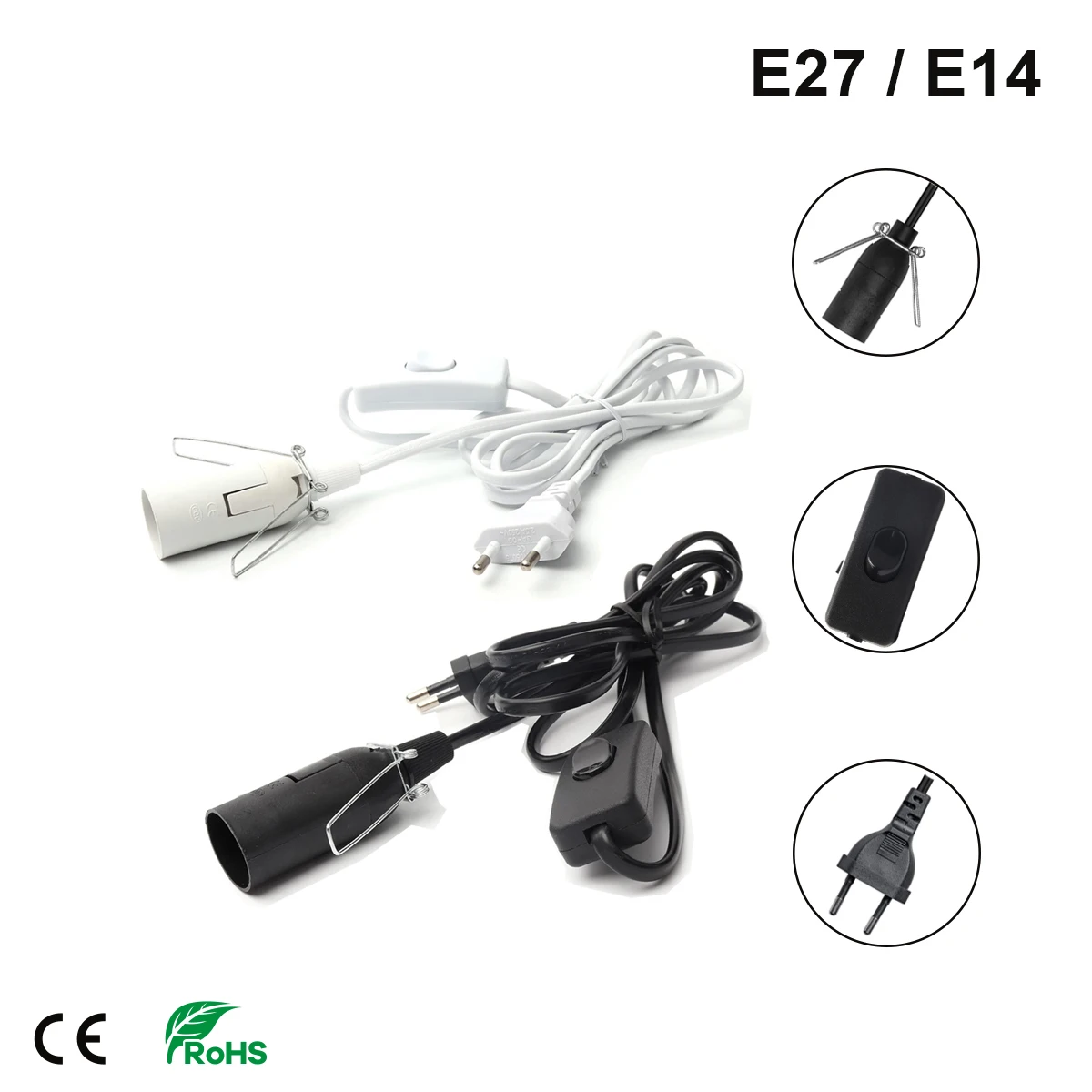 1.8m Power Cord Cable Wire with 303 Switch Metal Clip E14 E27 Socket Lamp Base Hanglamp Holder EU Plug Cord for Salt Lamps