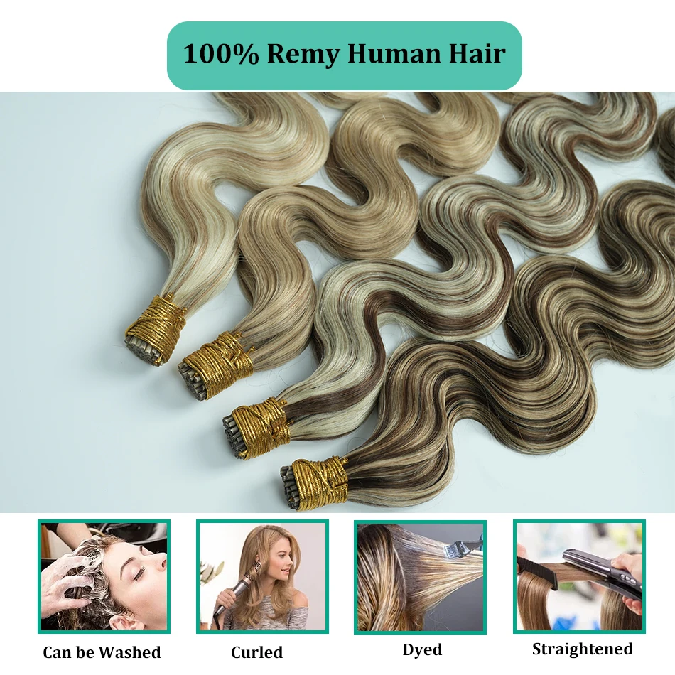 I Tip Hair Extensions Body Wave Remy Pre Bonded Itip Human Hair Extensions Balayage Natural Light Brown Cold Fusion Hair Wavy